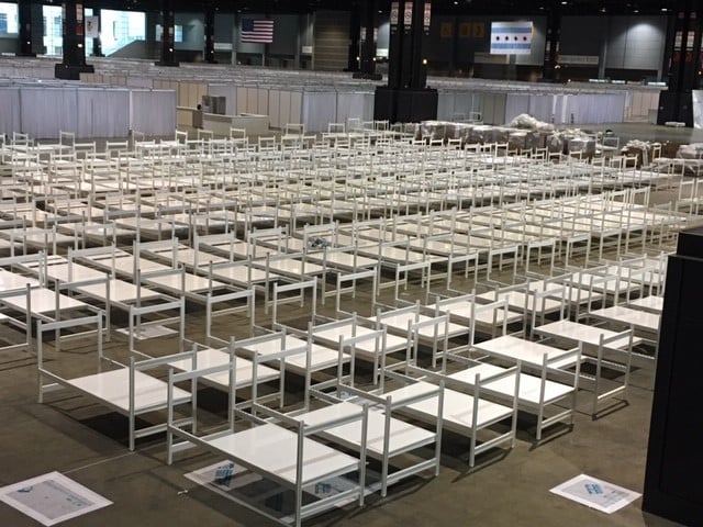 Hundreds of Accurate Rapid Deployment Medical Beds Staged at McCormick Place for patient rooms 4-11-2020